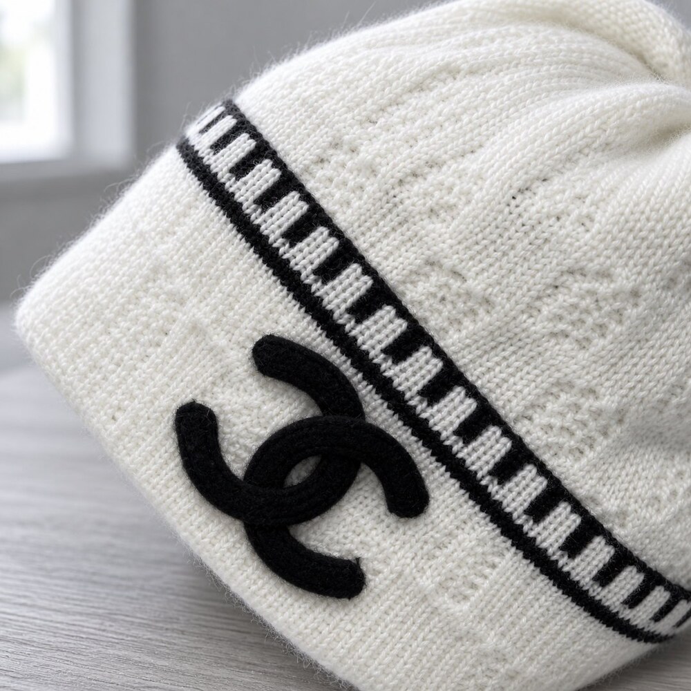 CHANEL White Knit Beanie Black Trim - Picture 5 of 6